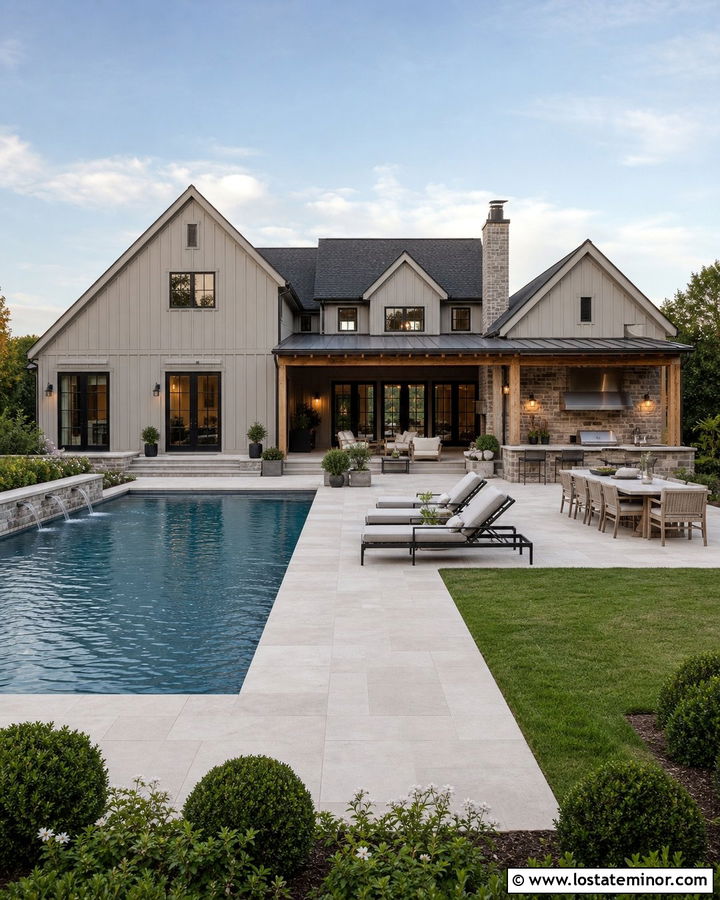 Greige House With Pool And Outdoor Kitchen - 30 Greige House Design With Swimming Pool Ideas