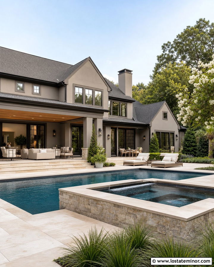 Greige House With Pool And Raised Spa - 30 Greige House Design With Swimming Pool Ideas