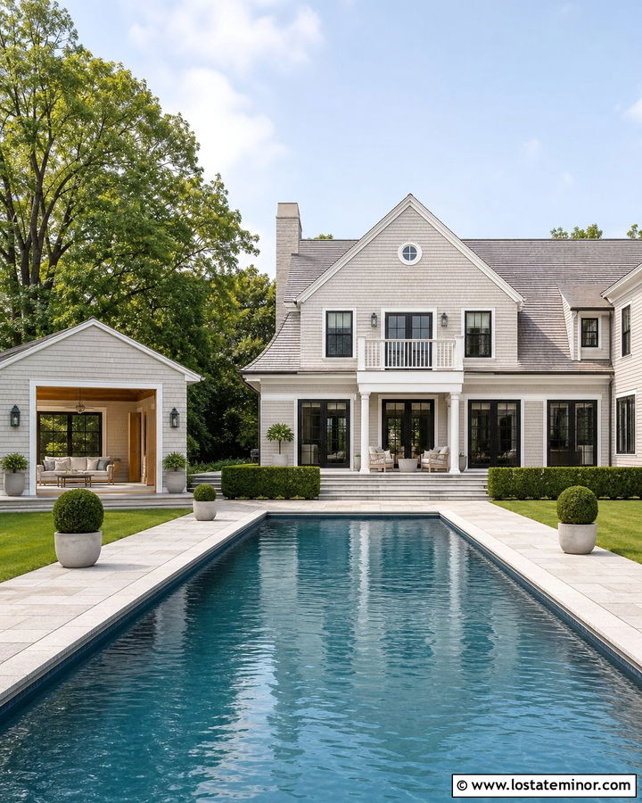 Greige House With Pool Cabana - 30 Greige House Design With Swimming Pool Ideas