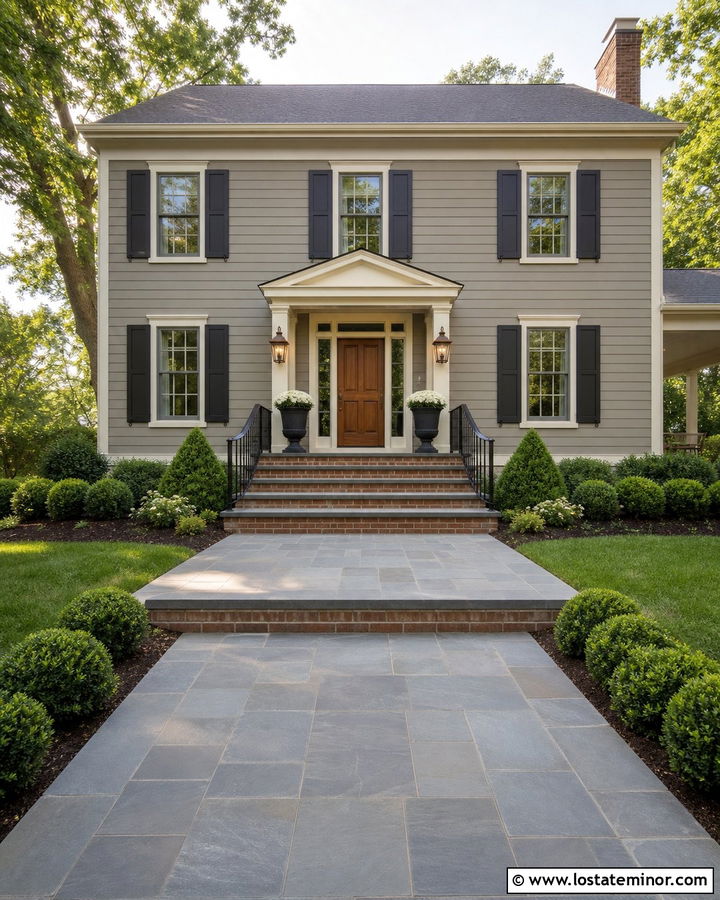 Greige House With Porch Landing Steps - 30 Greige House Design With Steps Ideas