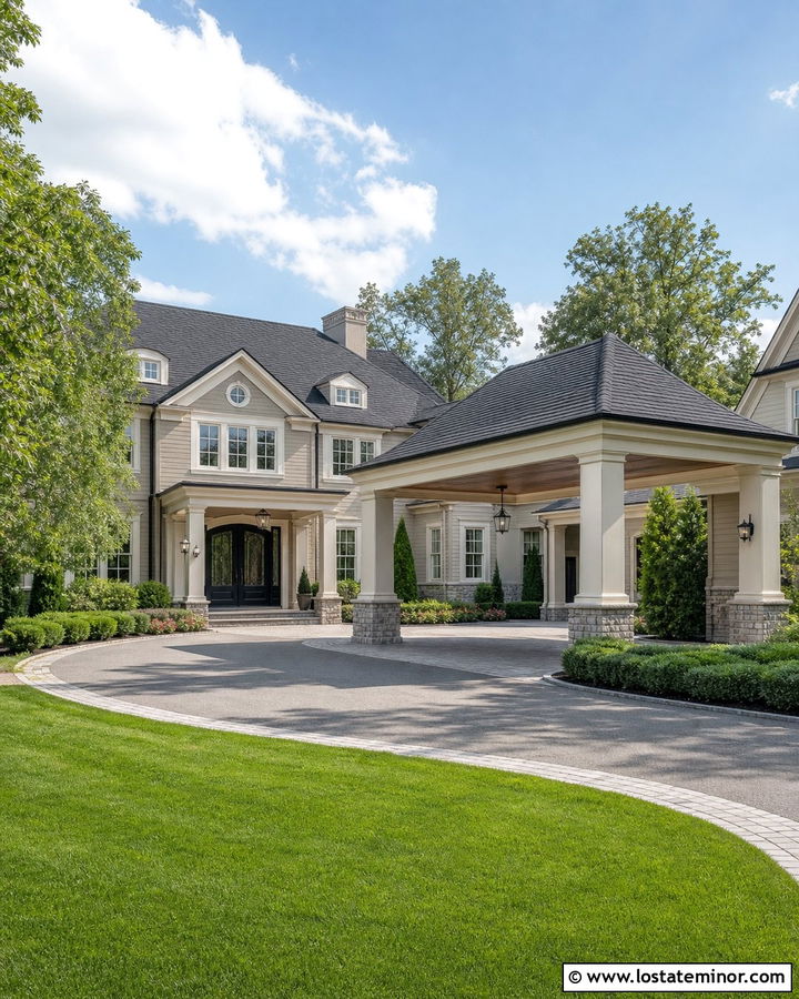 Greige House With Porte Cochere Carport - 30 Greige House Design With Carport Ideas