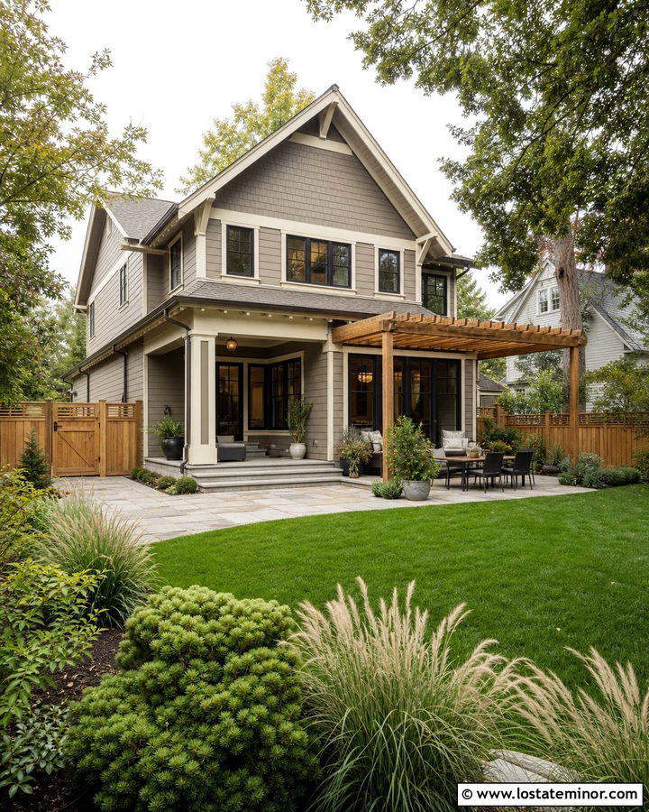 Greige House With Privacy Fence - 30 Greige House Design With Backyard Ideas