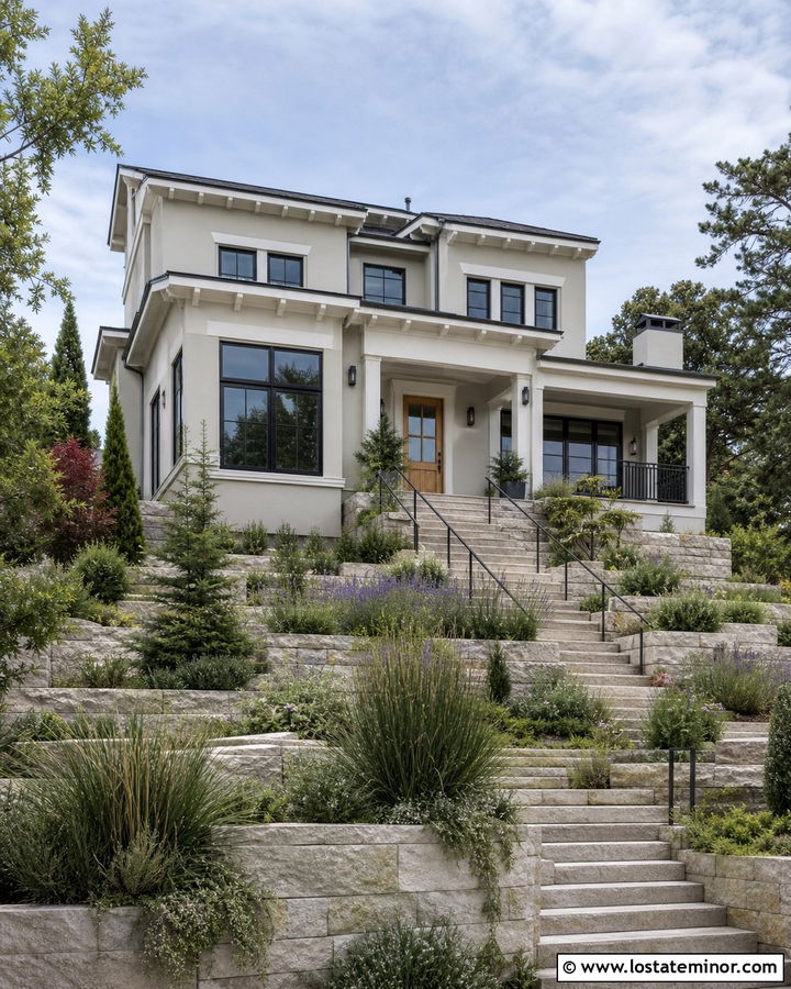 Greige House With Raised Front Yard Beds - 30 Greige House Design With Front Yard Ideas