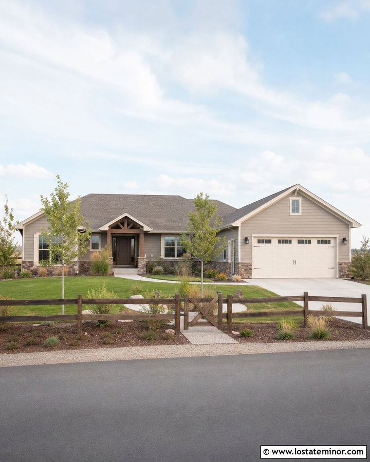 Greige House With Ranch Rail Fence - 30 Greige House Design With Fence Ideas