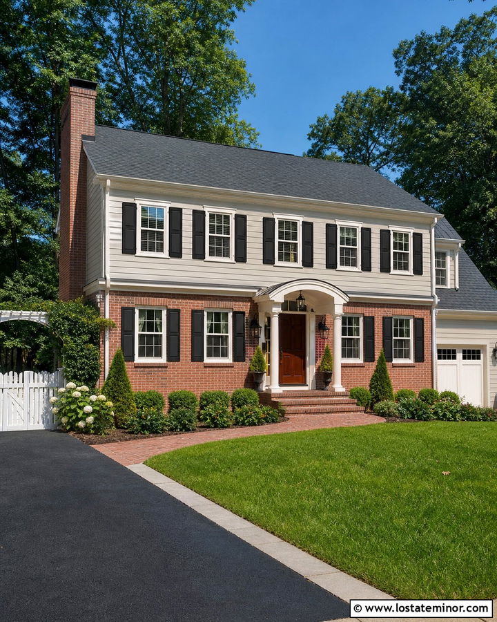 Greige House With Red Brick And Black Shutters - 30 Greige House Design With Accents Ideas