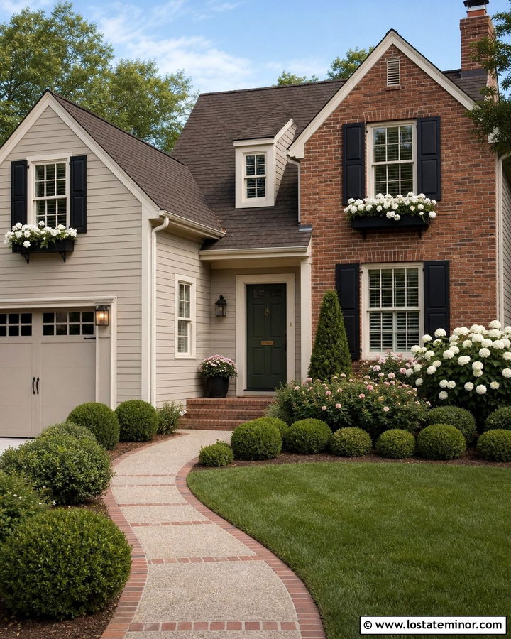 Greige House With Red Brick And Window Boxes - 30 Greige House Design With Window Boxes Ideas