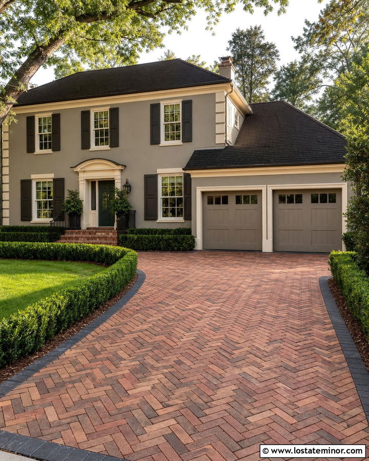Greige House With Red Brick Driveway - 30 Greige House Design With Driveway Ideas