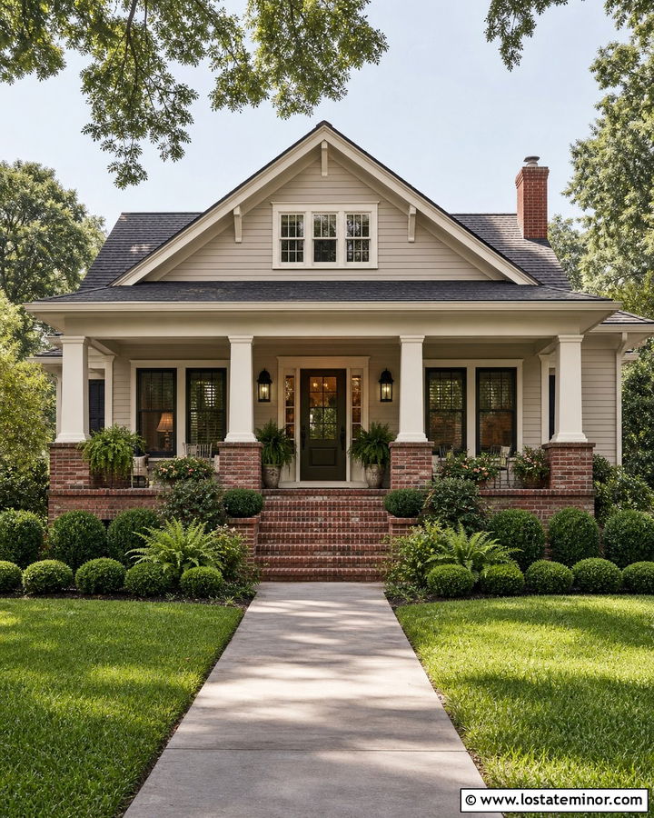 Greige House With Red Brick Front Porch - 30 Greige House Design With Front Porch Ideas