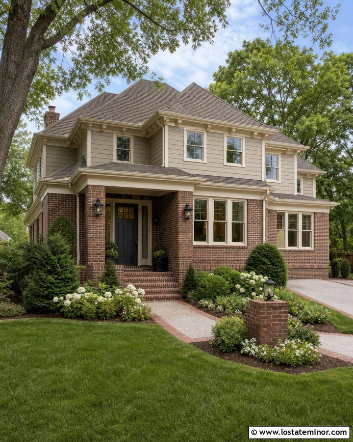Greige House With Red Brick Portico - 30 Greige House Design With Portico Ideas