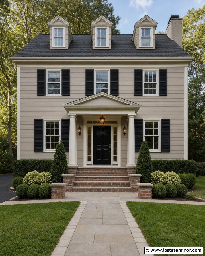 Greige House With Red Brick Steps - 30 Greige House Design With Steps Ideas