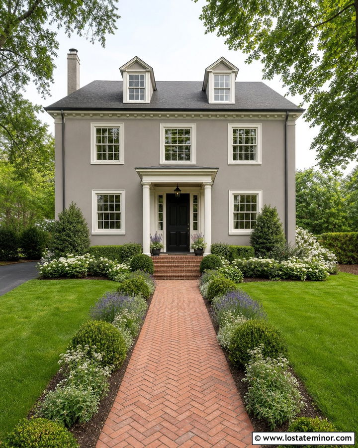 Greige House With Red Brick Walkway - 30 Greige House Design With Front Yard Ideas