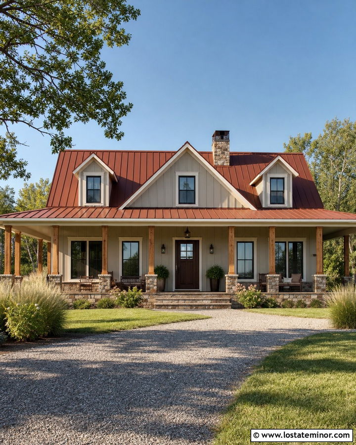 Greige House With Red Metal Roof - 30 Greige House Design With Roof Ideas