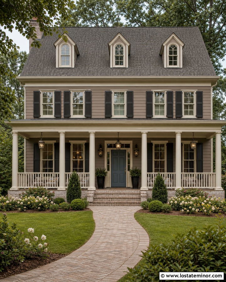 Greige House With Round Porch Columns - 30 Greige House Design With Porch Columns Ideas
