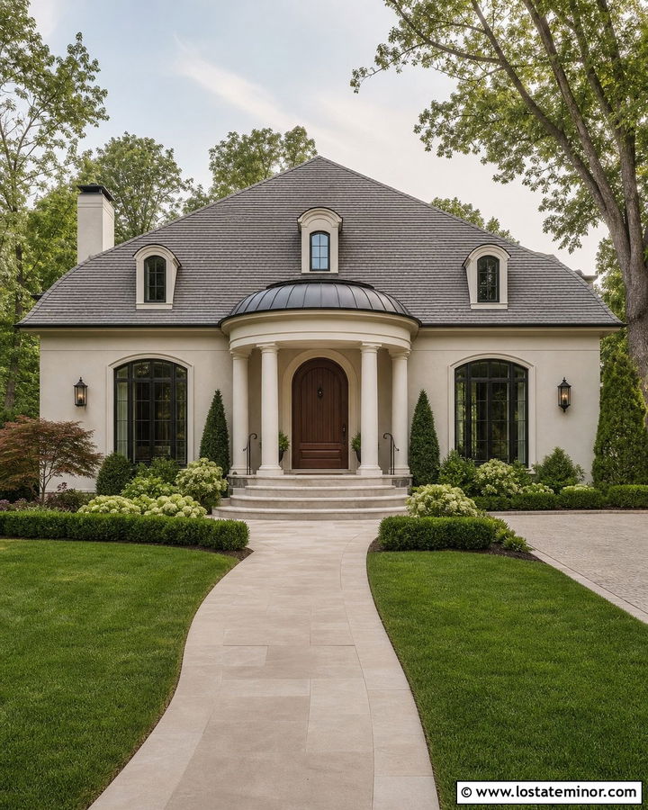 Greige House With Rounded Portico - 30 Greige House Design With Portico Ideas