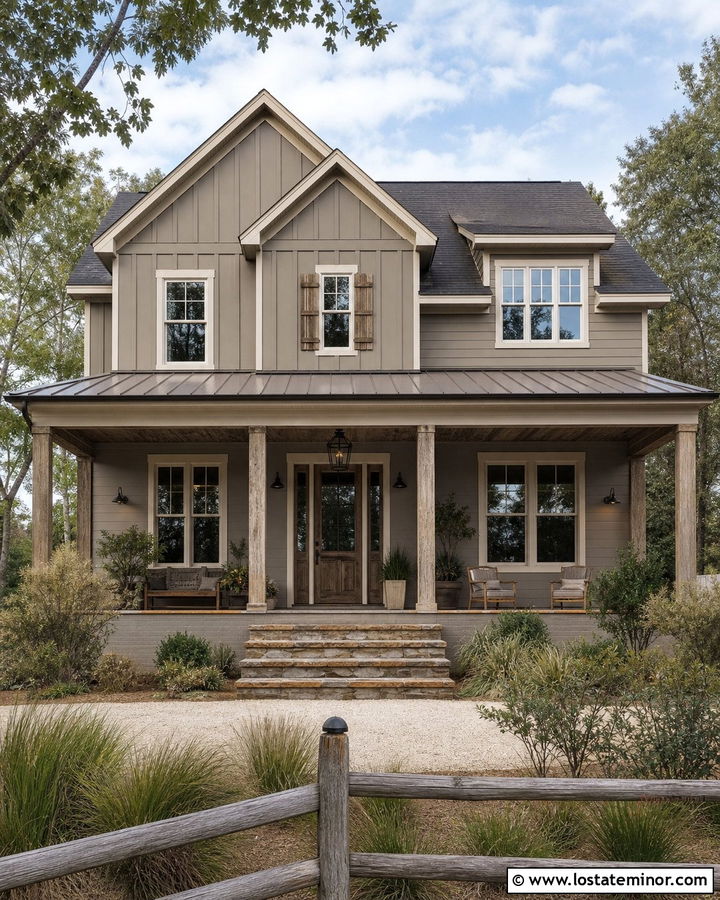 Greige House With Rustic Barnwood Porch Ceiling - 30 Greige House Design With Porch Ceiling Ideas