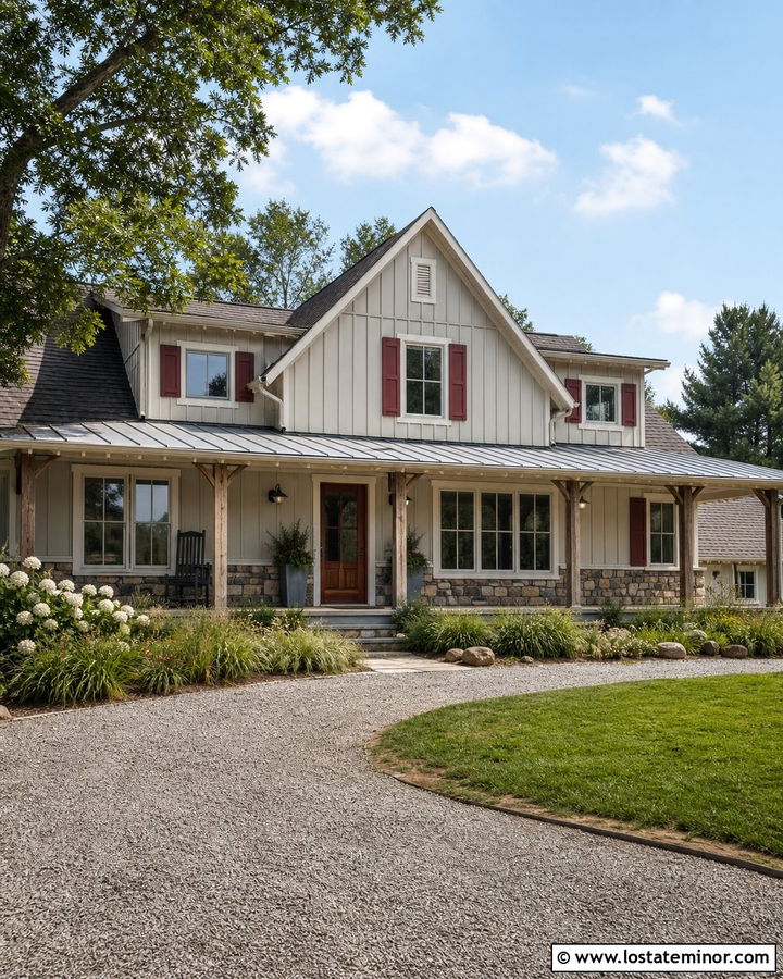 Greige House With Rustic Red Shutters - 30 Greige House Design With Shutters Ideas