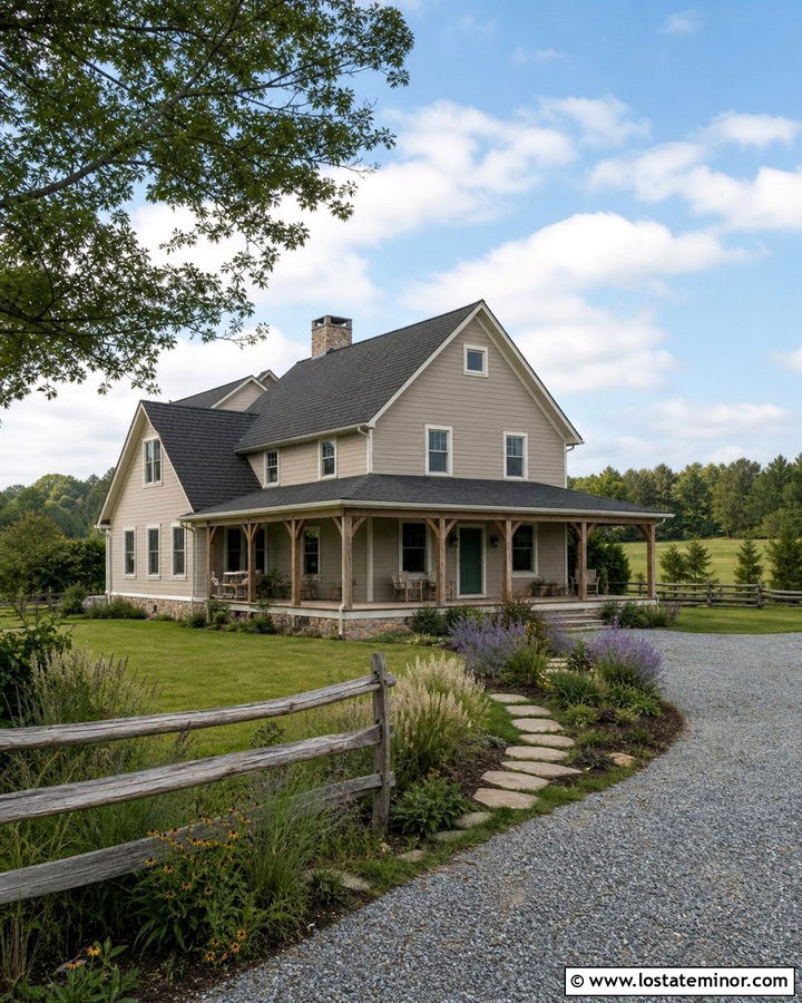 Greige House With Rustic Split Rail Fence - 30 Greige House Design With Fence Ideas