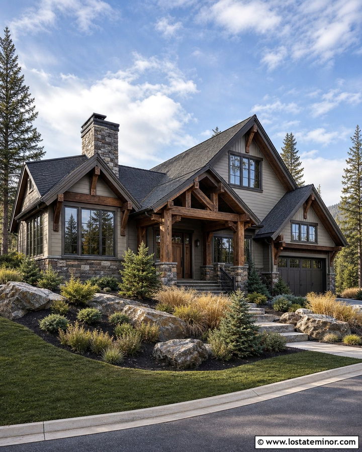 Greige House With Rustic Stone And Timber Beams - 30 Greige House Design With Accents Ideas