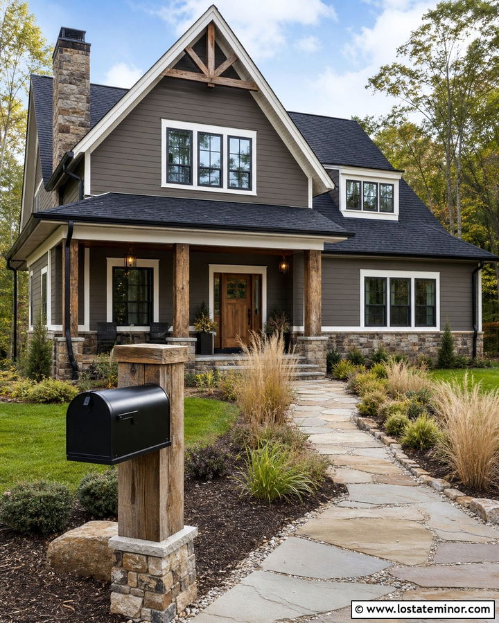 Greige House With Rustic Wood Mailbox - 30 Greige House Design With Mailbox Ideas