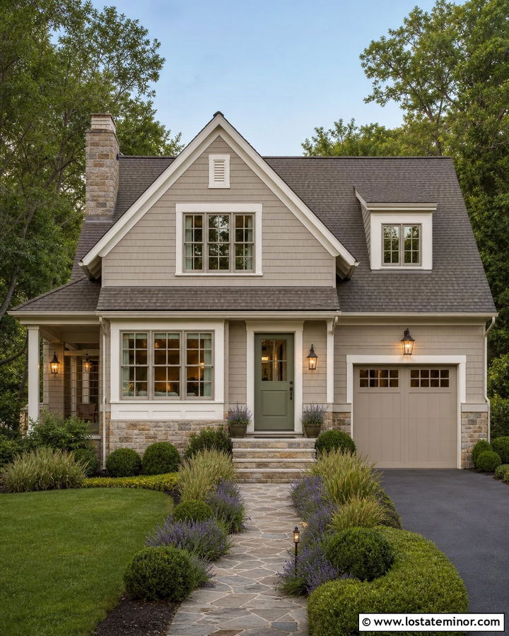 Greige House With Sage Door And Bronze Lighting - 30 Greige House Design With Lighting Ideas