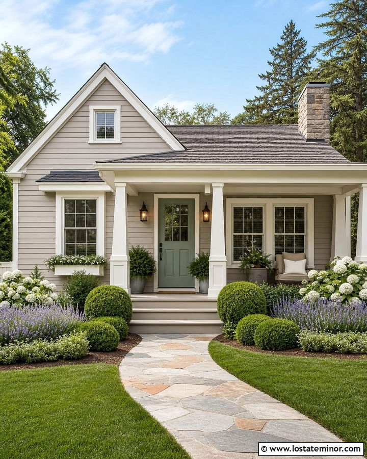 Greige House With Sage Green Door And Cream Trim - 30 Greige House Design With Accents Ideas