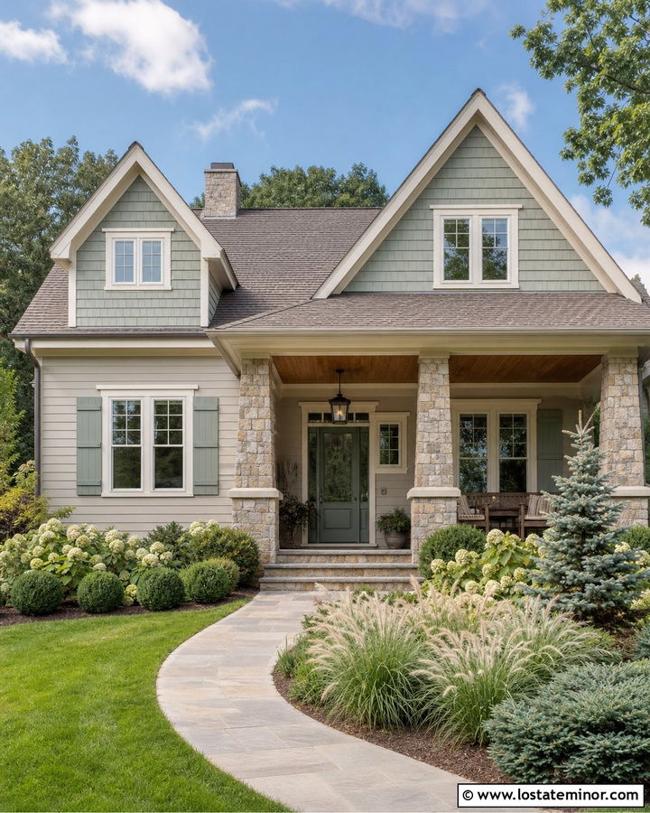 Greige House With Sage Green Dormers - 30 Greige House Design With Dormers Ideas
