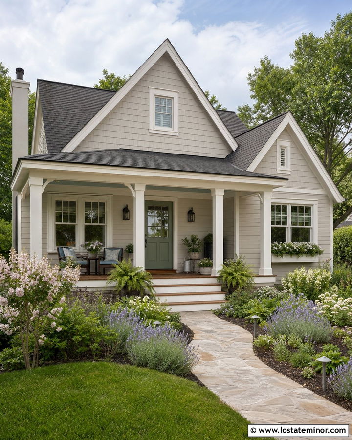 Greige House With Sage Green Front Door - 30 Greige House Design With Front Porch Ideas