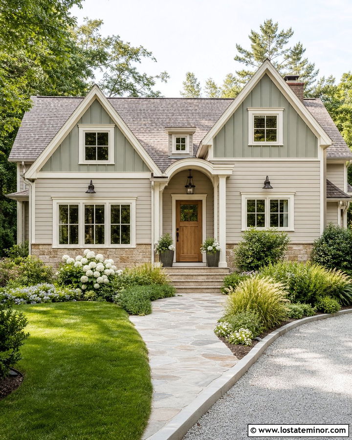 Greige House With Sage Green Gables - 30 Greige House Design With Gables Ideas