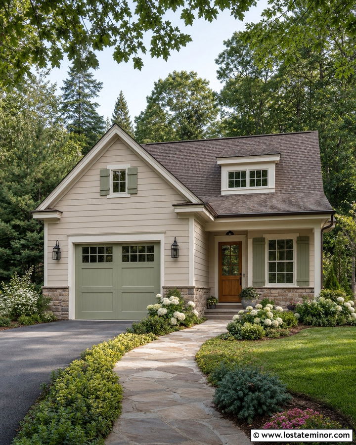 Greige House With Sage Green Garage Door - 30 Greige House Design With Garage Door Ideas