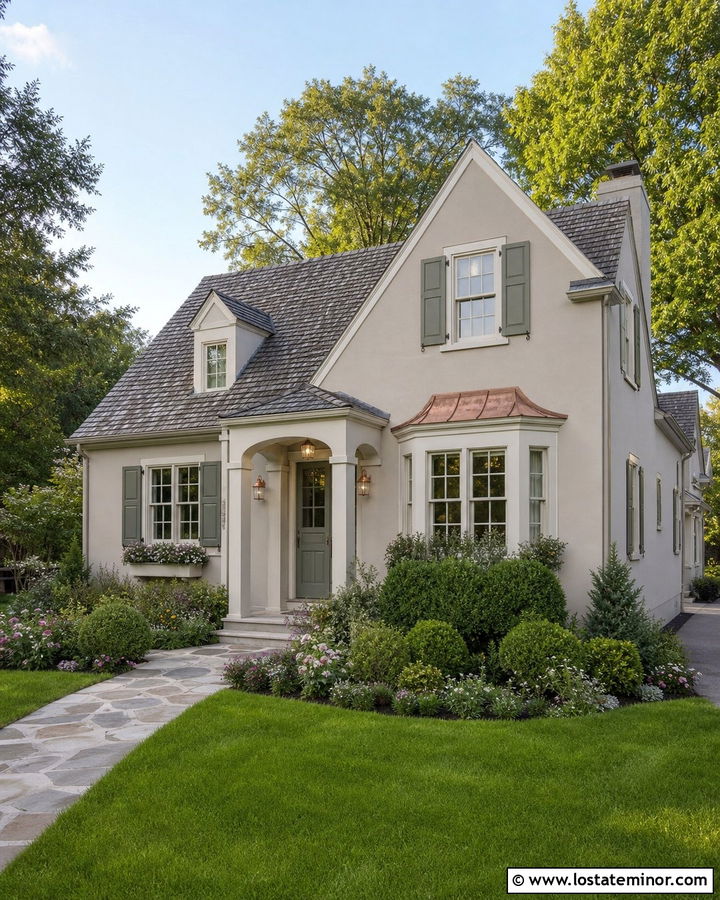 Greige House With Sage Green Shutters - 30 Greige House Design With Shutters Ideas