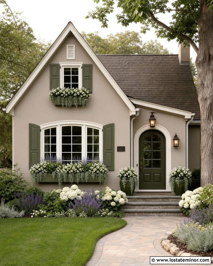 Greige House With Sage Shutters And Window Boxes - 30 Greige House Design With Window Boxes Ideas