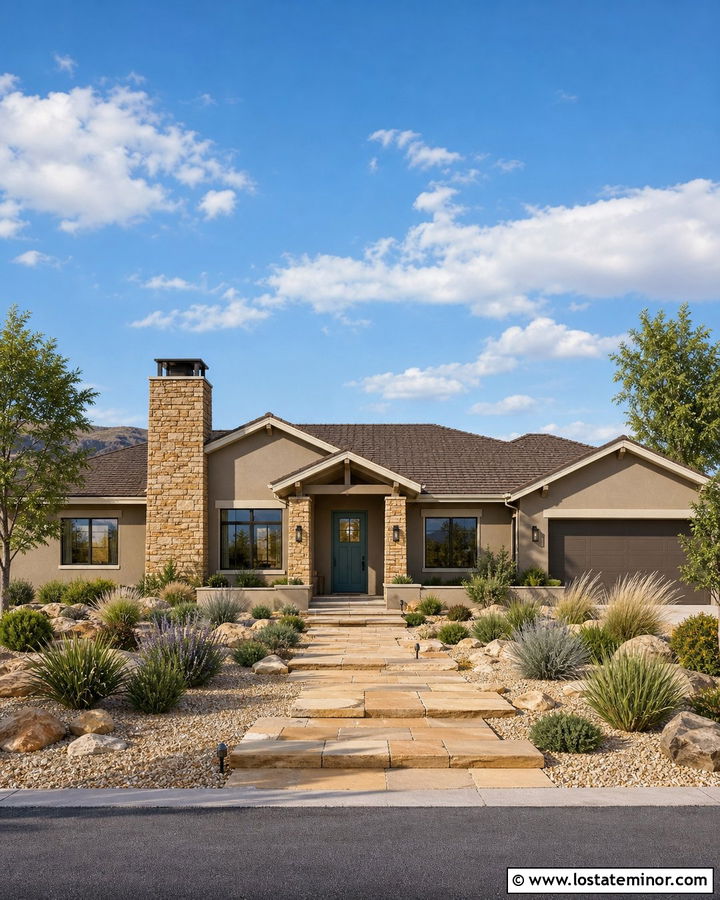 Greige House With Sandstone Chimney - 30 Greige House Design With Chimney Ideas