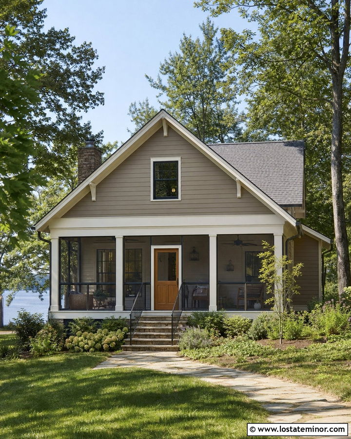 Greige House With Screened Front Porch - 30 Greige House Design With Front Porch Ideas