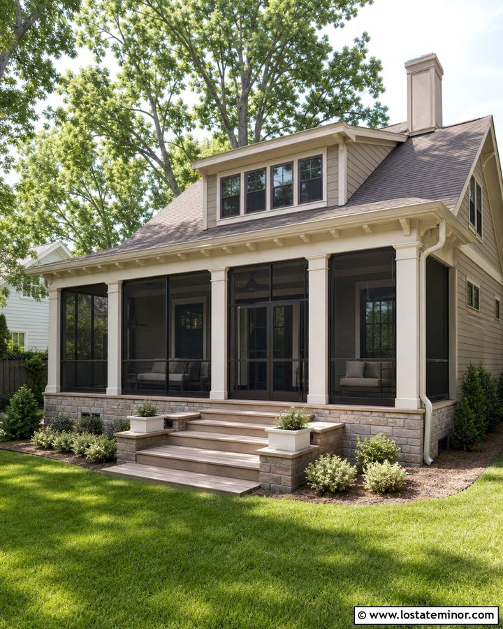 Greige House With Screened Porch - 30 Greige House Design With Backyard Ideas