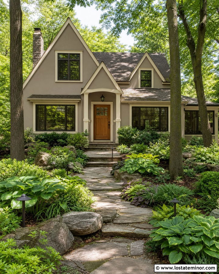 Greige House With Shaded Woodland Front Yard - 30 Greige House Design With Front Yard Ideas