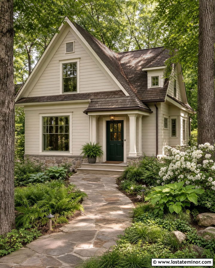 Greige House With Shaded Woodland Garden - 30 Greige House Design With Landscaping Ideas