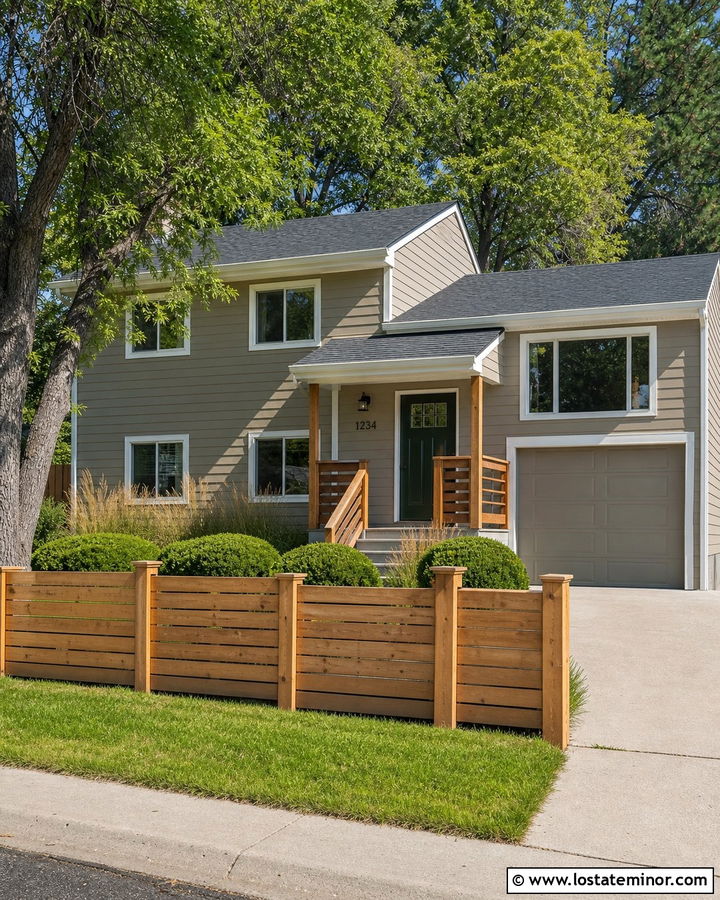Greige House With Shadowbox Fence - 30 Greige House Design With Fence Ideas