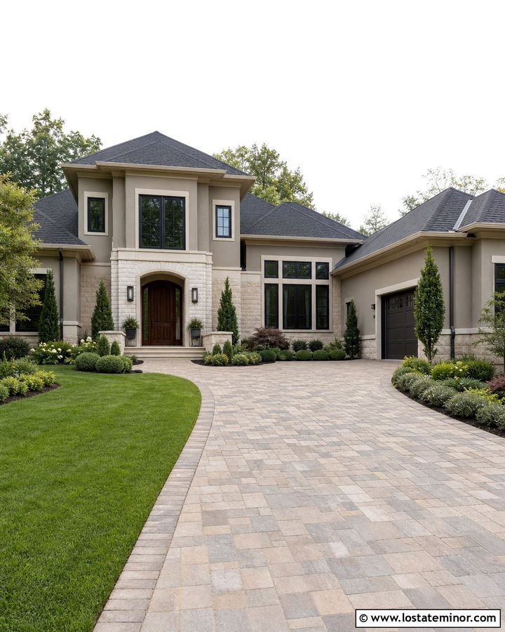 Greige House With Side Entry Garage Driveway - 30 Greige House Design With Driveway Ideas