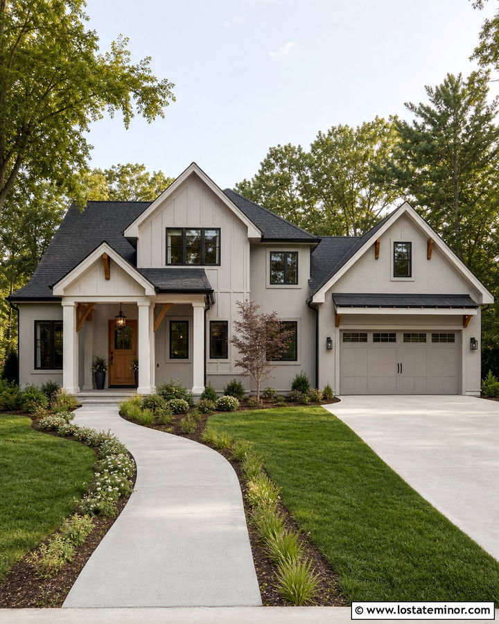 Greige House With Side Entry Portico - 30 Greige House Design With Portico Ideas