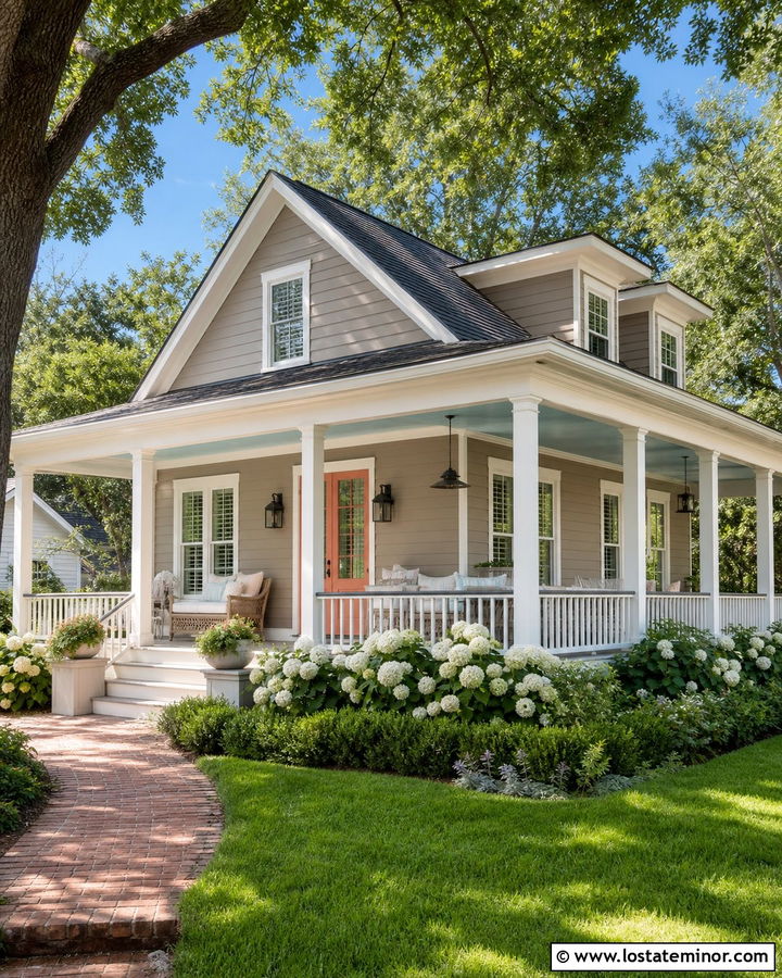 Greige House With Sky Blue Porch Ceiling - 30 Greige House Design With Porch Ceiling Ideas