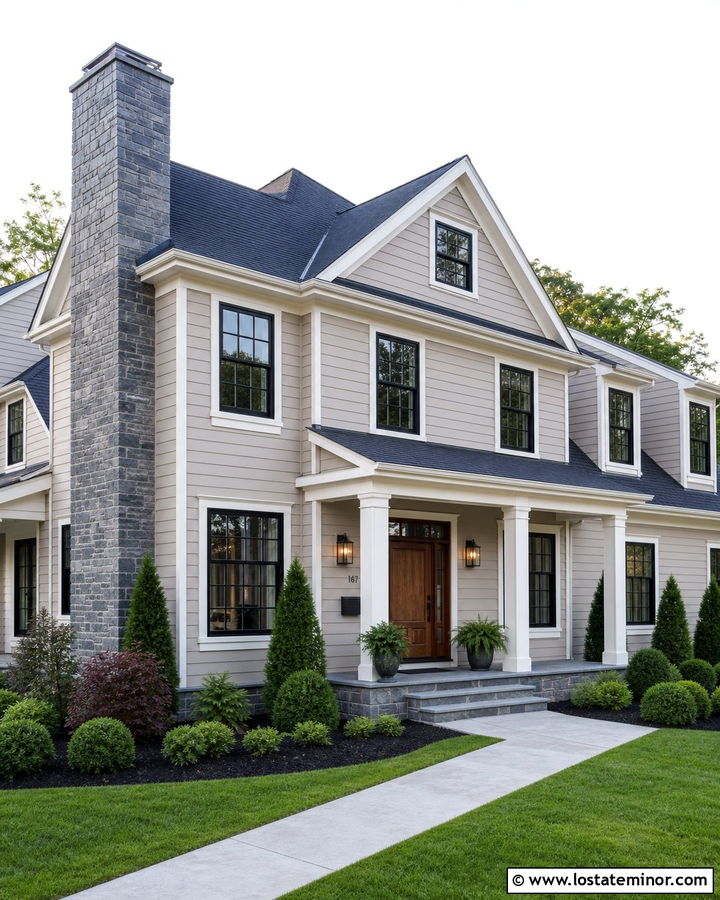 Greige House With Slate Chimney - 30 Greige House Design With Chimney Ideas