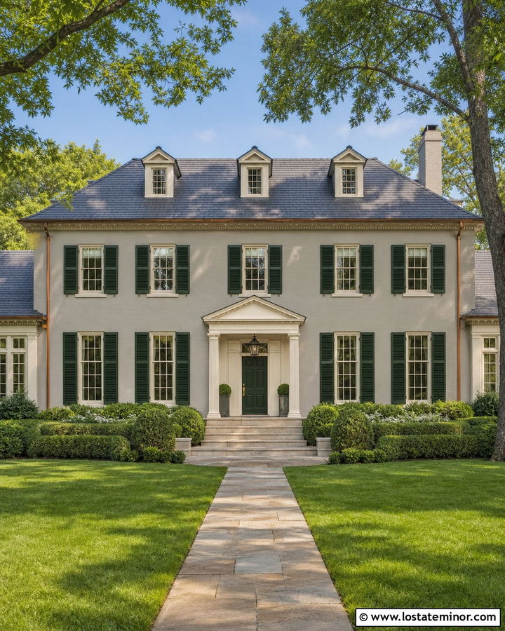 Greige House With Slate Roof And Green Door - 30 Greige House Design With Roof Ideas
