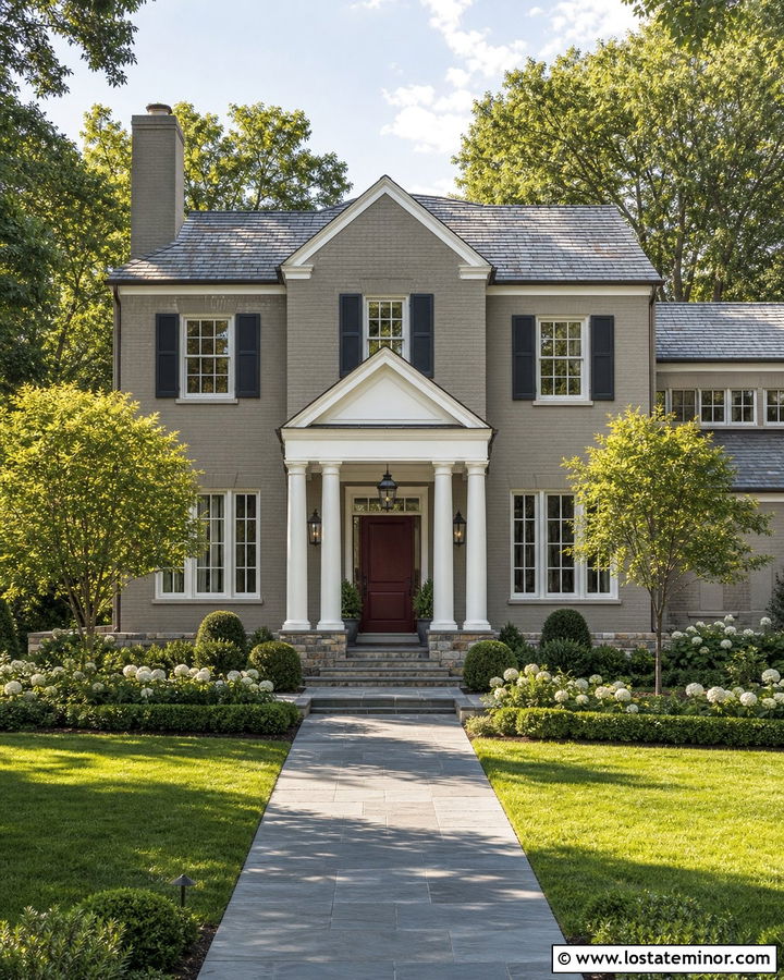 Greige House With Slate Roof Portico - 30 Greige House Design With Portico Ideas