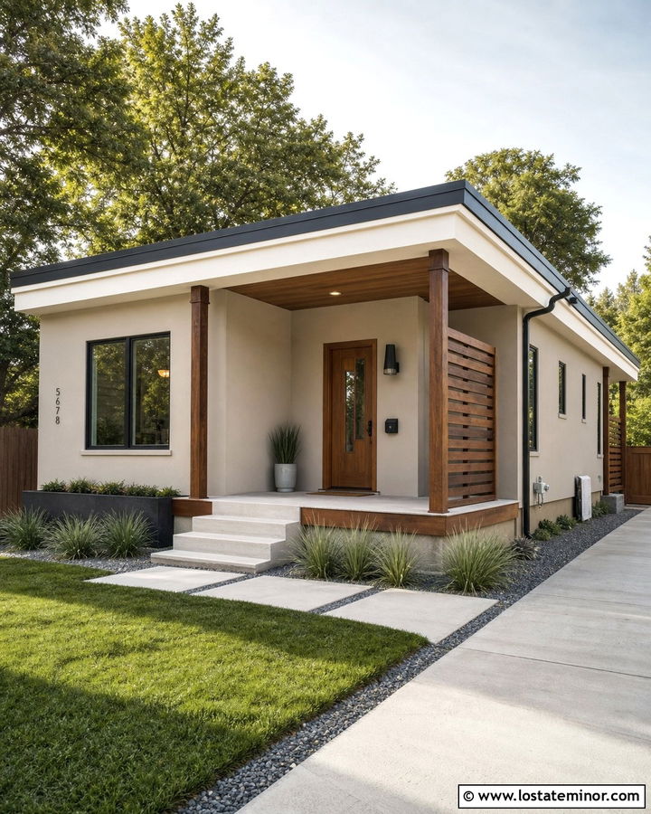 Greige House With Slim Wood Columns - 30 Greige House Design With Porch Columns Ideas