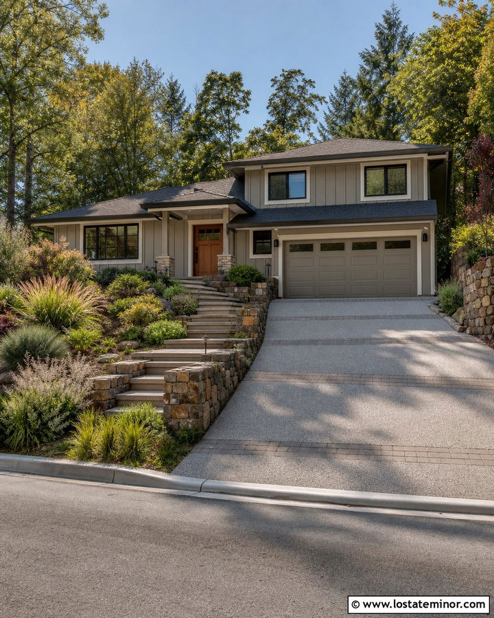 Greige House With Sloped Driveway - 30 Greige House Design With Driveway Ideas