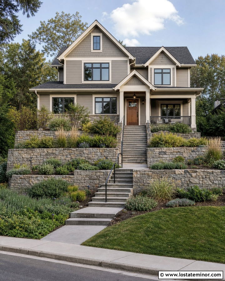 Greige House With Sloped Front Yard - 30 Greige House Design With Landscaping Ideas