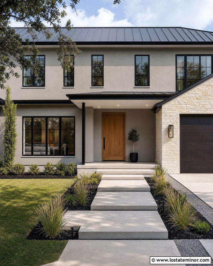 Greige House With Smooth White Porch Ceiling - 30 Greige House Design With Porch Ceiling Ideas