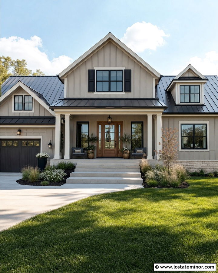 Greige House With Soft Black Shutters - 30 Greige House Design With Shutters Ideas