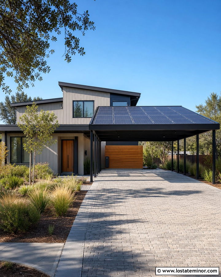 Greige House With Solar Panel Carport - 30 Greige House Design With Carport Ideas
