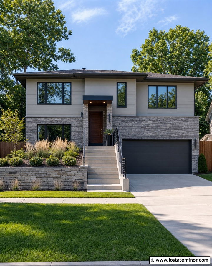 Greige House With Split Level Entry Steps - 30 Greige House Design With Steps Ideas